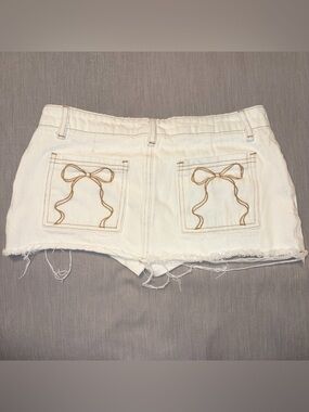 Edikted White Small Bow Denim Mini Skort (Mini Skirt w/ Shorts Underneath)